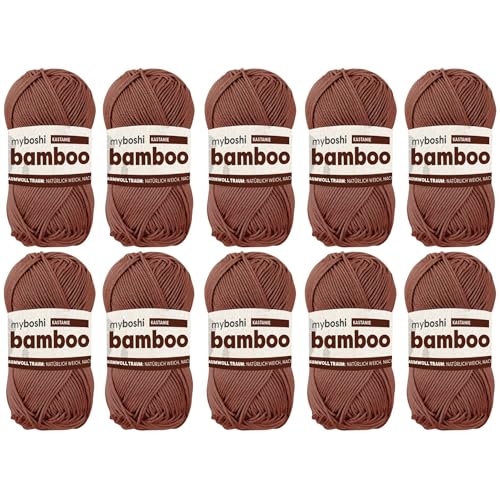 myboshi Bamboo, natürlich weiches Bambus-Baumwollgarn, zum Häkeln und Stricken, strapazierfähig, 50g, 125m, Braun (Kastanie), 10 Knäuel von myboshi