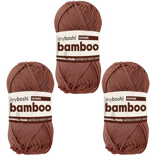 myboshi Bamboo, natürlich weiches Bambus-Baumwollgarn, zum Häkeln und Stricken, strapazierfähig, 50g, 125m, Braun (Kastanie) 3 Knäuel von myboshi