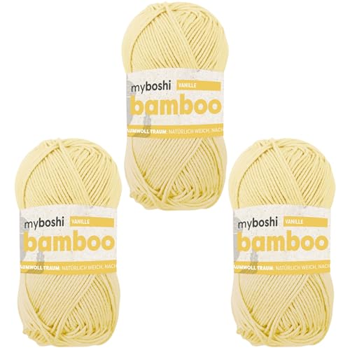 myboshi Bamboo, natürlich weiches Bambus-Baumwollgarn, zum Häkeln und Stricken, strapazierfähig, 50g, 125m, Gelb (Vanille) 3 Knäuel von myboshi