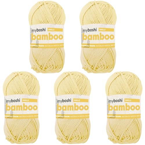 myboshi Bamboo, natürlich weiches Bambus-Baumwollgarn, zum Häkeln und Stricken, strapazierfähig, 50g, 125m, Gelb (Vanille) 5 Knäuel von myboshi