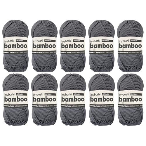 myboshi Bamboo, natürlich weiches Bambus-Baumwollgarn, zum Häkeln und Stricken, strapazierfähig, 50g, 125m, Grau (Anthrazit), 10 Knäuel von myboshi