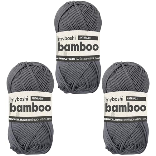 myboshi Bamboo, natürlich weiches Bambus-Baumwollgarn, zum Häkeln und Stricken, strapazierfähig, 50g, 125m, Grau (Anthrazit) 3 Knäuel von myboshi