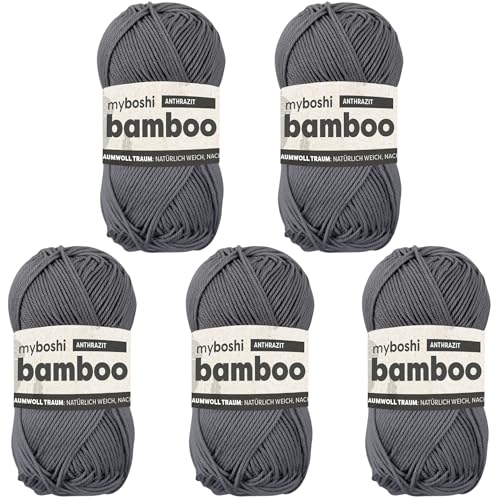 myboshi Bamboo, natürlich weiches Bambus-Baumwollgarn, zum Häkeln und Stricken, strapazierfähig, 50g, 125m, Grau (Anthrazit) 5 Knäuel von myboshi
