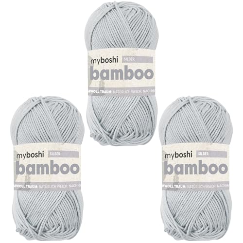 myboshi Bamboo, natürlich weiches Bambus-Baumwollgarn, zum Häkeln und Stricken, strapazierfähig, 50g, 125m, Grau (Silber) 3 Knäuel von myboshi