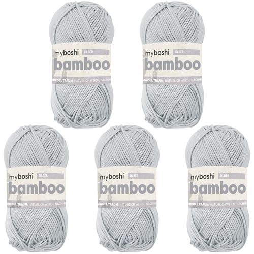 myboshi Bamboo, natürlich weiches Bambus-Baumwollgarn, zum Häkeln und Stricken, strapazierfähig, 50g, 125m, Grau (Silber) 5 Knäuel von myboshi