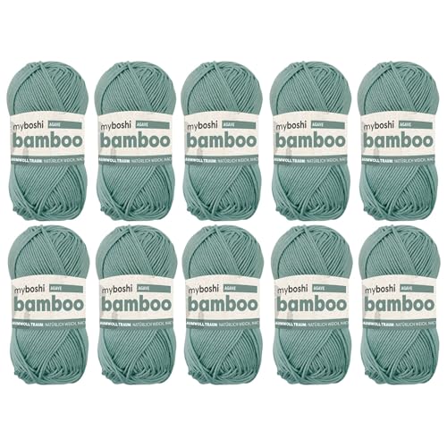 myboshi Bamboo, natürlich weiches Bambus-Baumwollgarn, zum Häkeln und Stricken, strapazierfähig, 50g, 125m, Grün (Agave), 10 Knäuel von myboshi