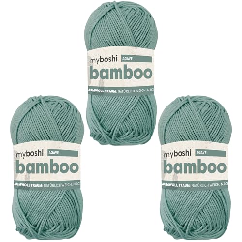 myboshi Bamboo, natürlich weiches Bambus-Baumwollgarn, zum Häkeln und Stricken, strapazierfähig, 50g, 125m, Grün (Agave) 3 Knäuel von myboshi
