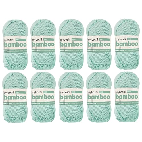 myboshi Bamboo, natürlich weiches Bambus-Baumwollgarn, zum Häkeln und Stricken, strapazierfähig, 50g, 125m, Grün (Minze), 10 Knäuel von myboshi