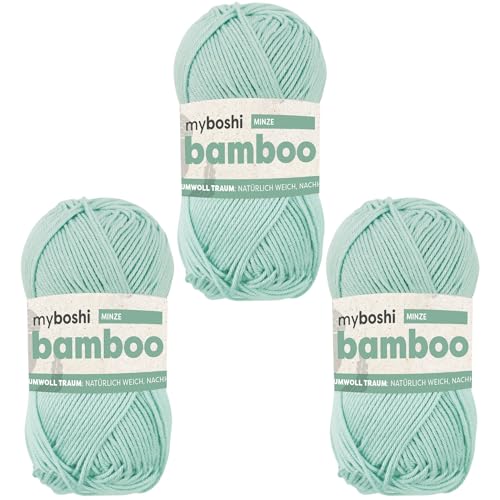 myboshi Bamboo, natürlich weiches Bambus-Baumwollgarn, zum Häkeln und Stricken, strapazierfähig, 50g, 125m, Grün (Minze) 3 Knäuel von myboshi