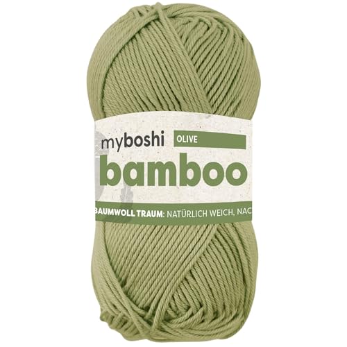 myboshi Bamboo, natürlich weiches Bambus-Baumwollgarn, zum Häkeln und Stricken, strapazierfähig, 50g, 125m, Grün (Olive), 1 Knäuel von myboshi