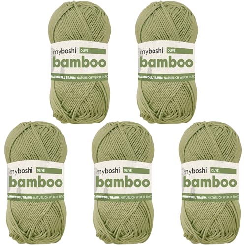 myboshi Bamboo, natürlich weiches Bambus-Baumwollgarn, zum Häkeln und Stricken, strapazierfähig, 50g, 125m, Grün (Olive) 5 Knäuel von myboshi