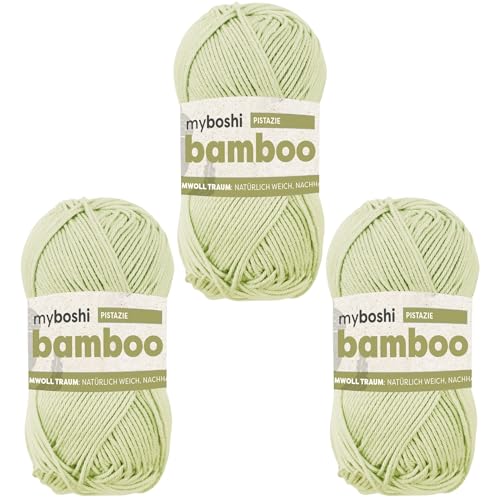 myboshi Bamboo, natürlich weiches Bambus-Baumwollgarn, zum Häkeln und Stricken, strapazierfähig, 50g, 125m, Grün (Pistazie) 3 Knäuel von myboshi