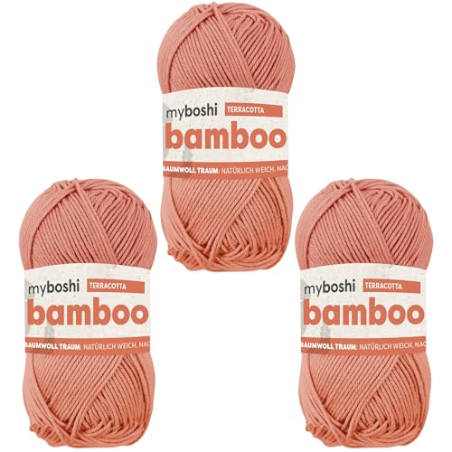 myboshi Bamboo, natürlich weiches Bambus-Baumwollgarn, zum Häkeln und Stricken, strapazierfähig, 50g, 125m, Orange (Terracotta) 3 Knäuel von myboshi