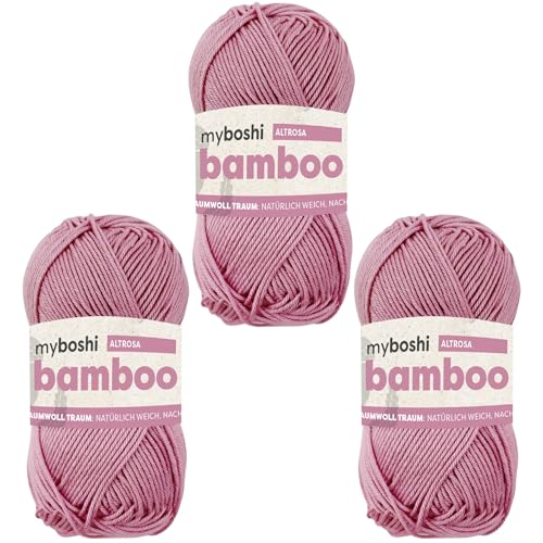 myboshi Bamboo, natürlich weiches Bambus-Baumwollgarn, zum Häkeln und Stricken, strapazierfähig, 50g, 125m, Rosa (Altrosa) 3 Knäuel von myboshi