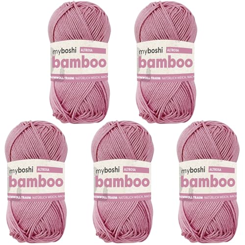 myboshi Bamboo, natürlich weiches Bambus-Baumwollgarn, zum Häkeln und Stricken, strapazierfähig, 50g, 125m, Rosa (Altrosa) 5 Knäuel von myboshi
