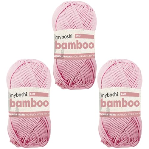 myboshi Bamboo, natürlich weiches Bambus-Baumwollgarn, zum Häkeln und Stricken, strapazierfähig, 50g, 125m, Rosa (Rose) 3 Knäuel von myboshi