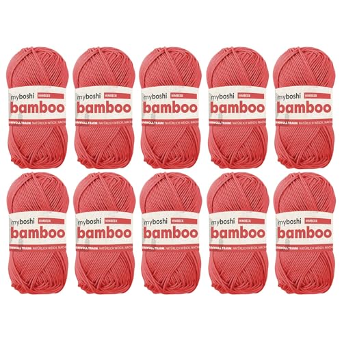 myboshi Bamboo, natürlich weiches Bambus-Baumwollgarn, zum Häkeln und Stricken, strapazierfähig, 50g, 125m, Rot (Himbeer), 10 Knäuel von myboshi