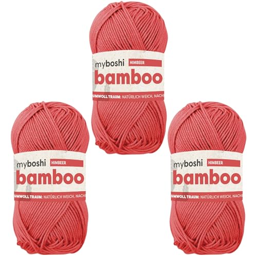 myboshi Bamboo, natürlich weiches Bambus-Baumwollgarn, zum Häkeln und Stricken, strapazierfähig, 50g, 125m, Rot (Himbeer) 3 Knäuel von myboshi