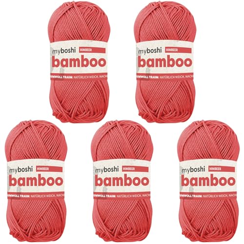 myboshi Bamboo, natürlich weiches Bambus-Baumwollgarn, zum Häkeln und Stricken, strapazierfähig, 50g, 125m, Rot (Himbeer) 5 Knäuel von myboshi