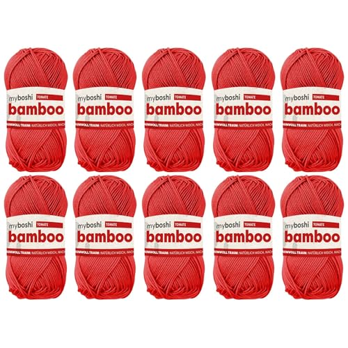 myboshi Bamboo, natürlich weiches Bambus-Baumwollgarn, zum Häkeln und Stricken, strapazierfähig, 50g, 125m, Rot (Tomate), 10 Knäuel von myboshi