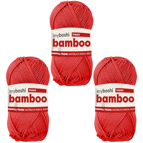 myboshi Bamboo, natürlich weiches Bambus-Baumwollgarn, zum Häkeln und Stricken, strapazierfähig, 50g, 125m, Rot (Tomate) 3 Knäuel von myboshi