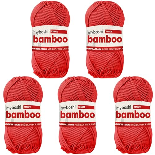 myboshi Bamboo, natürlich weiches Bambus-Baumwollgarn, zum Häkeln und Stricken, strapazierfähig, 50g, 125m, Rot (Tomate) 5 Knäuel von myboshi