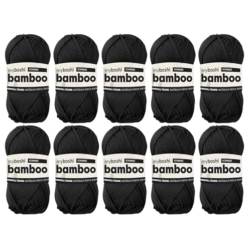 myboshi Bamboo, natürlich weiches Bambus-Baumwollgarn, zum Häkeln und Stricken, strapazierfähig, 50g, 125m, Schwarz (Schwarz), 10 Knäuel von myboshi