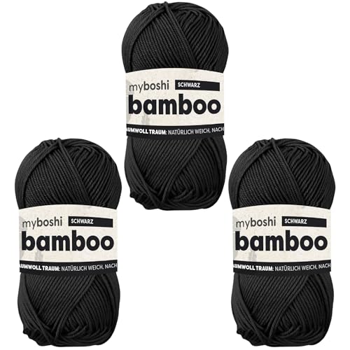 myboshi Bamboo, natürlich weiches Bambus-Baumwollgarn, zum Häkeln und Stricken, strapazierfähig, 50g, 125m, Schwarz (Schwarz) 3 Knäuel von myboshi