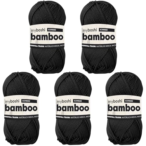 myboshi Bamboo, natürlich weiches Bambus-Baumwollgarn, zum Häkeln und Stricken, strapazierfähig, 50g, 125m, Schwarz (Schwarz) 5 Knäuel von myboshi