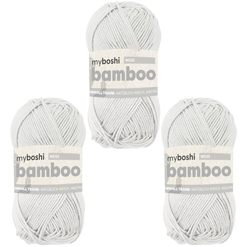 myboshi Bamboo, natürlich weiches Bambus-Baumwollgarn, zum Häkeln und Stricken, strapazierfähig, 50g, 125m, Weiß (Weiß) 3 Knäuel von myboshi
