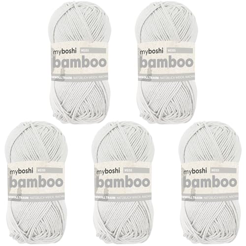 myboshi Bamboo, natürlich weiches Bambus-Baumwollgarn, zum Häkeln und Stricken, strapazierfähig, 50g, 125m, Weiß (Weiß) 5 Knäuel von myboshi