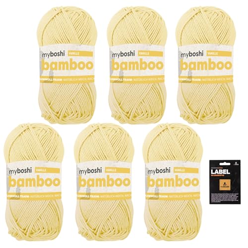 myboshi Bamboo, super weiches Bambus-Baumwollgarn, zum Häkeln und Stricken, strapazierfähig, für Bekleidung und Amigurumi, 60% Viskose, 40% Baumwolle, Gelb (Vanille) 6 Knäuel von myboshi