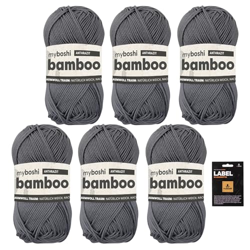 myboshi Bamboo, super weiches Bambus-Baumwollgarn, zum Häkeln und Stricken, strapazierfähig, für Bekleidung und Amigurumi, 60% Viskose, 40% Baumwolle, Grau (Anthrazit) 6 Knäuel von myboshi