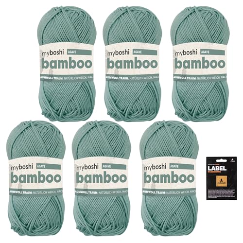 myboshi Bamboo, super weiches Bambus-Baumwollgarn, zum Häkeln und Stricken, strapazierfähig, für Bekleidung und Amigurumi, 60% Viskose, 40% Baumwolle, Grün (Agave) 6 Knäuel von myboshi