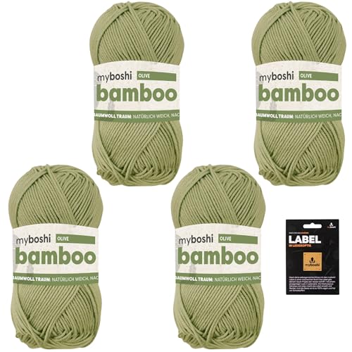 myboshi Bamboo, super weiches Bambus-Baumwollgarn, zum Häkeln und Stricken, strapazierfähig, für Bekleidung und Amigurumi, 60% Viskose, 40% Baumwolle, Grün (Olive) 4 Knäuel von myboshi