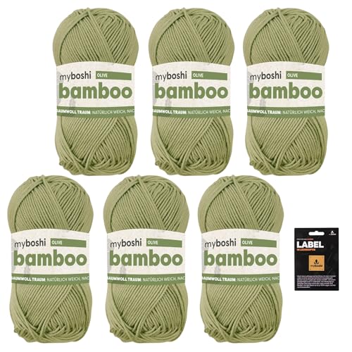 myboshi Bamboo, super weiches Bambus-Baumwollgarn, zum Häkeln und Stricken, strapazierfähig, für Bekleidung und Amigurumi, 60% Viskose, 40% Baumwolle, Grün (Olive) 6 Knäuel von myboshi