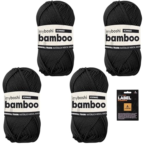 myboshi Bamboo, super weiches Bambus-Baumwollgarn, zum Häkeln und Stricken, strapazierfähig, für Bekleidung und Amigurumi, 60% Viskose, 40% Baumwolle, Schwarz (Schwarz) 4 Knäuel von myboshi