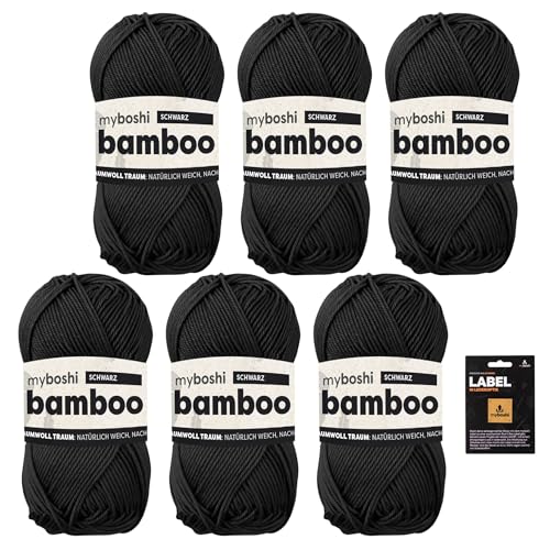 myboshi Bamboo, super weiches Bambus-Baumwollgarn, zum Häkeln und Stricken, strapazierfähig, für Bekleidung und Amigurumi, 60% Viskose, 40% Baumwolle, Schwarz (Schwarz) 6 Knäuel von myboshi