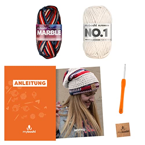myboshi Häkelset Beanie Hotto, ink. Marble und No.1 Wolle, Nadel und Anleitung, für Mütze und Schal, Häkelpaket, 30% Merinowolle Beige, mit Häkelnadel myboshi Häkelset Beanie Hotto, ink. Marble und No.1 Wolle, Nadel und Anleitung, für Mütze und Schal, Häkelpaket, 30% Merinowolle Beige, mit Häkelnadel von myboshi