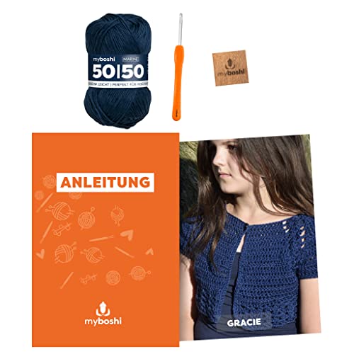 myboshi Häkelset Bolero Gracie, inkl. 50/50 Wolle, Nadel und Anleitung, original Label, Häkelpaket, 50% Baumwolle, 50% Merinowolle Blau, mit Häkelnadel von myboshi