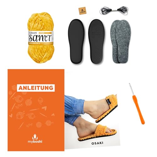 myboshi Häkelset Boshilette Osaki, für Anfänger, inkl. Botties Sohlen-Set, Samt Wolle, Häkelnadel, Anleitung und Label, 100% Polyester, Gelb Größe L (41/42) von myboshi
