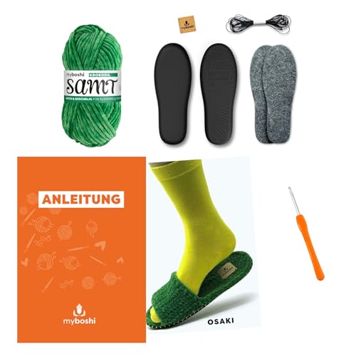 myboshi Häkelset Boshilette Osaki, für Anfänger, inkl. Botties Sohlen-Set, Samt Wolle, Häkelnadel, Anleitung und Label, 100% Polyester, Grün Größe L (41/42) von myboshi