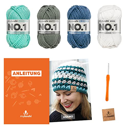 myboshi Häkelset Mütze Agano, inkl. No.1 Wolle, Nadel und Anleitung, für Mützen und Schals, Häkelpaket, 30% Merinowolle Blau, Weiß mit Häkelnadel von myboshi