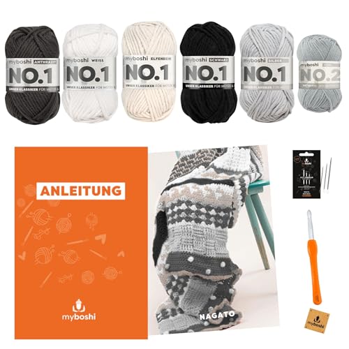 myboshi Häkelset Decke Nagato, inkl No.1 Wolle, Häkelnadel und Anleitung, Häkelpaket, 30% Merinowolle Grau mit Häkelnadel von myboshi