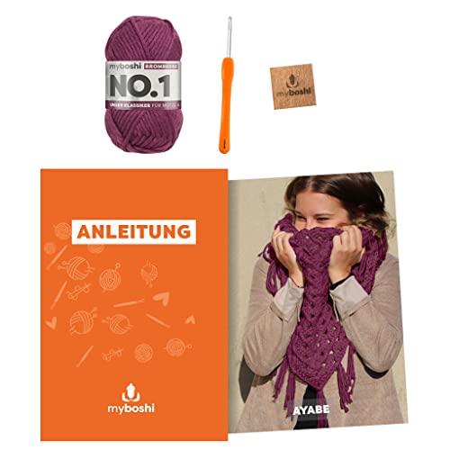 myboshi Häkelset Dreieckstuch Ayabe, inkl. No.1 Wolle, Nadel und Anleitung, für Mützen und Schals, Häkelpaket, 30% Merinowolle Brombeere mit Häkelnadel von myboshi