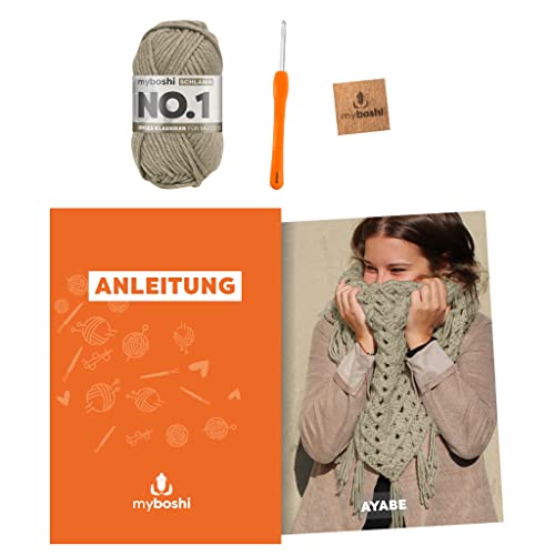 myboshi Häkelset Dreieckstuch Ayabe, inkl. No.1 Wolle, Nadel und Anleitung, Häkelpaket für Anfänger, 30% Merinowolle Schlamm mit Häkelnadel myboshi Häkelset Dreieckstuch Ayabe, inkl. No.1 Wolle, Nadel und Anleitung, Häkelpaket für Anfänger, 30% Merinowolle Schlamm mit Häkelnadel von myboshi