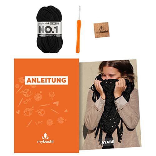 myboshi Häkelset Dreieckstuch Ayabe, inkl. No.1 Wolle, Nadel und Anleitung, für Mützen und Schals, Häkelpaket, 30% Merinowolle Schwarz mit Häkelnadel von myboshi