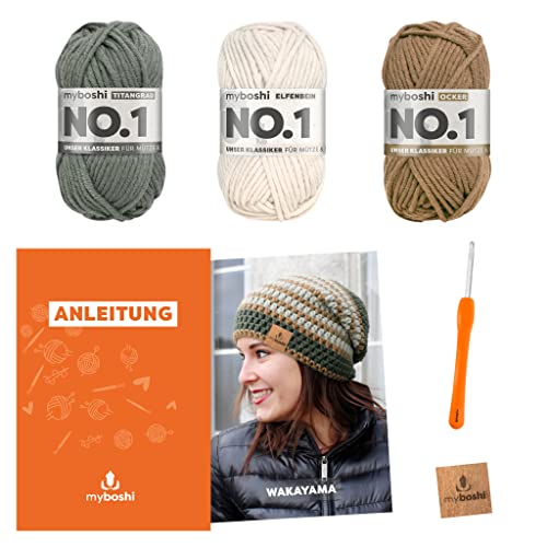 myboshi Häkelset Beanie Wakayama, Häkelset für Anfänger, inkl. No.1 Wolle, Nadel und Anleitung, Label, Häkelpaket für Anfänger, 30% Merinowolle Braun mit Häkelnadel myboshi Häkelset Beanie Wakayama, Häkelset für Anfänger, inkl. No.1 Wolle, Nadel und Anleitung, Label, Häkelpaket für Anfänger, 30% Merinowolle Braun mit Häkelnadel von myboshi