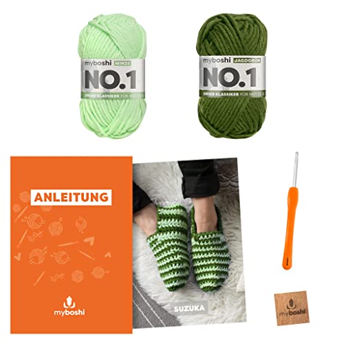 myboshi Häkelset Hausschuhe Suzuka, inkl. No.1 Wolle, Nadel und Anleitung, Schuh-Häkelpaket, 30% Merinowolle Grün, mit Häkelnadel von myboshi