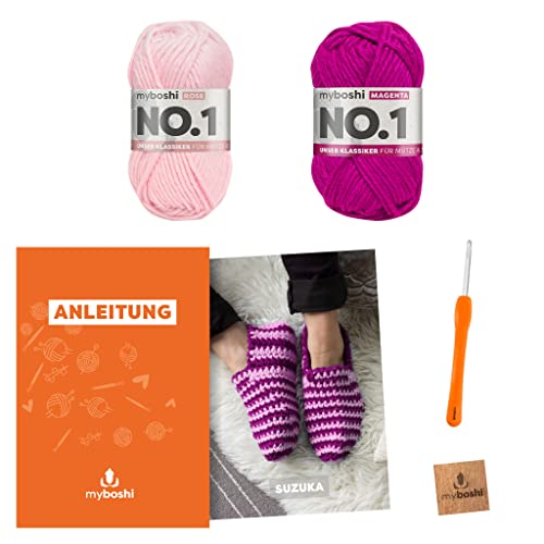 myboshi Häkelset Hausschuhe Suzuka, inkl. No.1 Wolle, Nadel und Anleitung, Schuh-Häkelpaket, 30% Merinowolle Rosa, mit Häkelnadel von myboshi